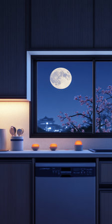 Stylish kitchen featuring under-cabinet lighting and a stunning view of the full moon through the window.の写真素材