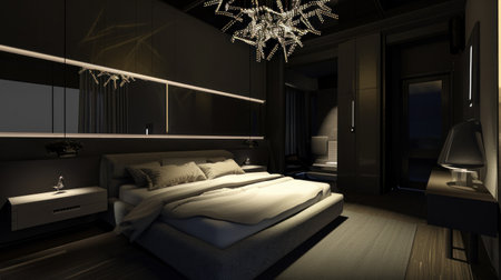 Elegant bedroom with a dark color palette, luxurious chandelier, minimalist furniture, and soft lighting for a moody atmosphere.の写真素材