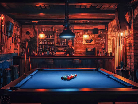 A warm and rustic basement featuring a red billiards table and a cozy bar area with exposed brick walls.の写真素材