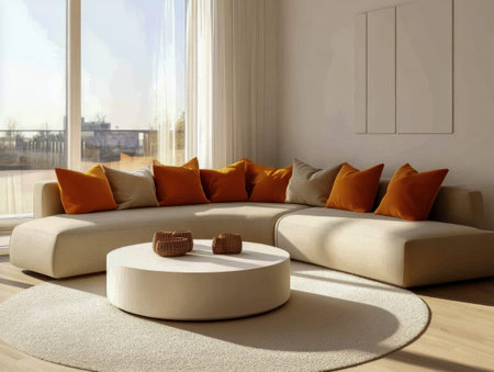 Bright living room featuring a curved beige sofa with orange pillows, circular coffee table, and...