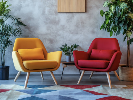 A vibrant mid-century modern living room featuring colorful chairs, a yellow sofa, and geometric art decor.の写真素材