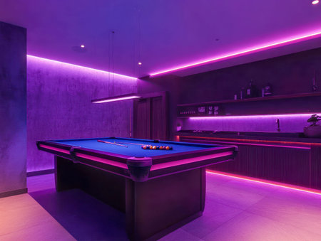 A vibrant game room featuring neon lights, a pool table, and a modern entertainment setup, creating...