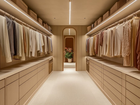 A modern walk-in closet featuring hanging clothes, organized shelves, and baskets for additional storage in a clean, well-arranged space.の写真素材