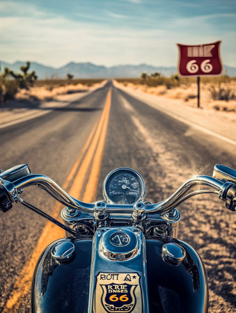 A motorcycle view from the handlebars riding down Route 66 through a desert landscape.の素材