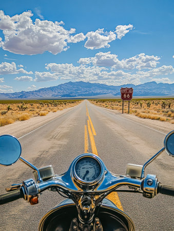 A motorcycle view from the handlebars riding down Route 66 through a desert landscape.の素材