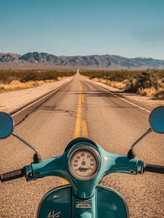 A motorcycle view from the handlebars riding down Route 66 through a desert landscape.の素材