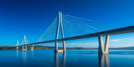 Modern cable-stayed bridge over calm waterの素材