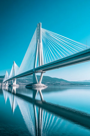 Modern cable-stayed bridge over calm waterの素材
