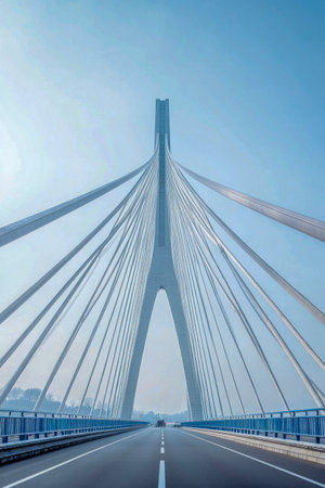 Modern cable-stayed bridge with cars on highwayの素材