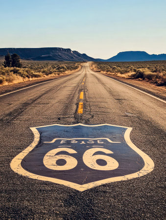 Scenic Route 66 road with desert mountain landscapeの素材