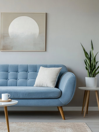 Cozy minimalist living room featuring a light blue sofa, abstract wall art, and indoor plant in soft neutral tones.の素材