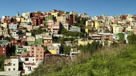 Panoramic view of El Principe in Ceuta with colorful houses and coastal backdrop.の写真素材