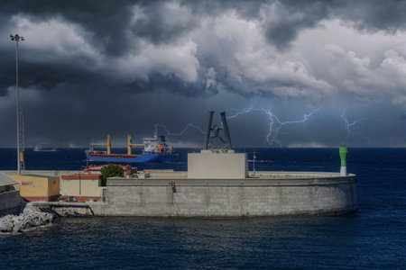 Dramatic view of Ceuta port during a lightning storm, with ships under dark skies.の写真素材