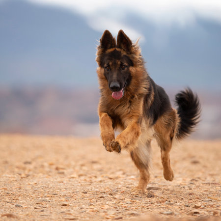 German Shepherd dog walking on a rocky path, with a blurred natural background.の写真素材