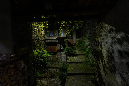 A quiet stone-paved alley illuminated by warm lights at night, leading to a cozy village.の写真素材