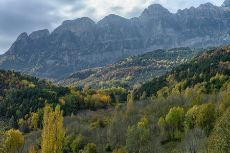 A dramatic view of a mountain peak surrounded by vibrant autumn foliage and a striking cloudy sky.の写真素材