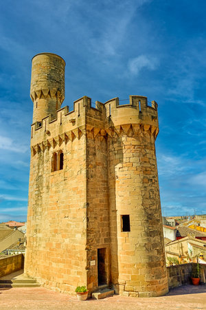 Ivy-covered medieval castle with stone towers, turrets, and walls, set against a vivid blue sky.の写真素材
