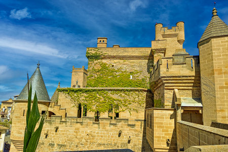 Ivy-covered medieval castle with stone towers, turrets, and walls, set against a vivid blue sky.の写真素材