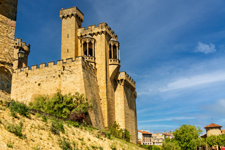 Medieval castle architecture featuring turrets, ivy, and intricate stoneworkの写真素材