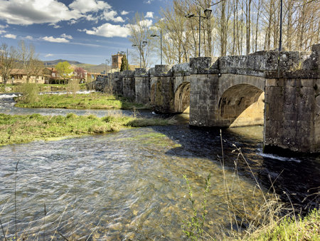 Old stone bridge with multiple arches spanning a calm river surrounded by nature and rustic houses.