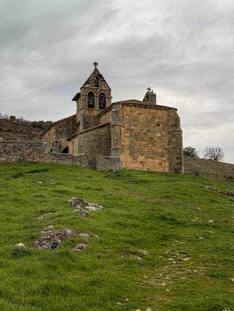 Old Romanesque church of El Salvador in Foldada with stone walls and tower.の写真素材