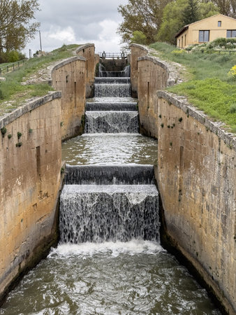 Old four-step stone lock with flowing water on the Canal de Castilla in Fromista, Palenciaの写真素材