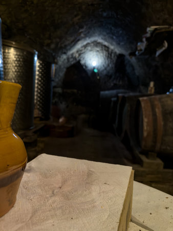 Rustic wine cellar with barrels, tanks and tools in Cordovilla la Real, Palencia, Spain