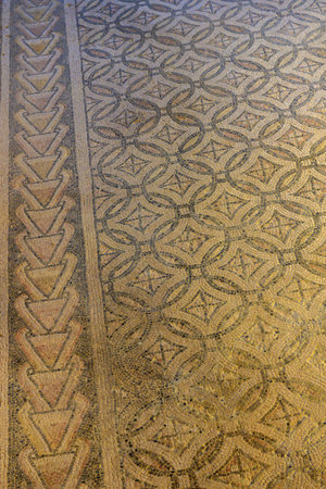 Detailed Roman mosaic with floral and geometric patterns in an archaeological floor settingの写真素材