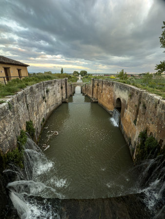 Old four-step stone lock with flowing water on the Canal de Castilla in Fromista, Palenciaの写真素材
