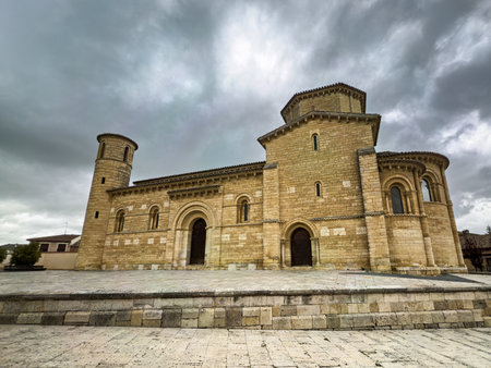 Romanesque church with semicircular apses and bell tower in Fromista, Palencia, Spainの写真素材