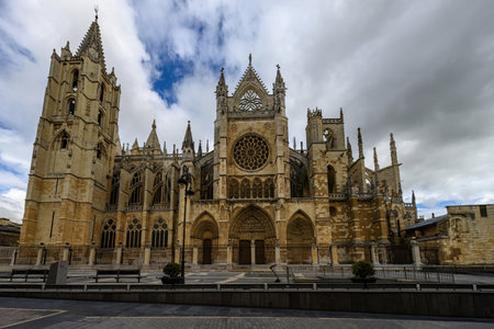 Panoramic view of the south facade and apse of the gothic Catedral de Leonの写真素材