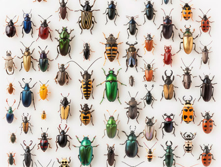 Assorted beetle specimens organized on white background for taxonomy displayの素材