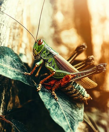 Close-up of a green grasshopper on a leaf with blurred woodland backgroundの素材