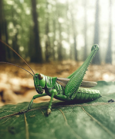 Close-up of a green grasshopper on a leaf with blurred woodland backgroundの素材
