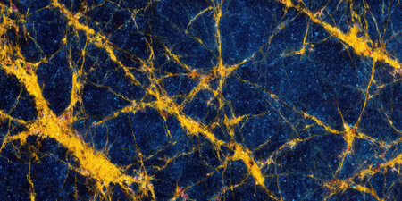 Polished blue marble surface with contrasting golden veins and intricate crack patterns.