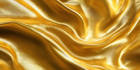 Close-up of golden satin fabric with soft folds and reflective silky surface.の写真素材