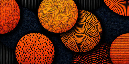 Orange and red textured circles with various line and dot patterns