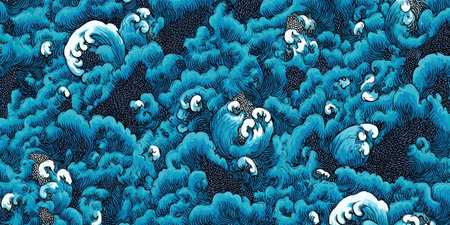Detailed blue wave illustration with curling foam and flowing textures