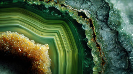 Macro image of colorful agate stone with green, gold and crystal textures. Generative AI.の素材
