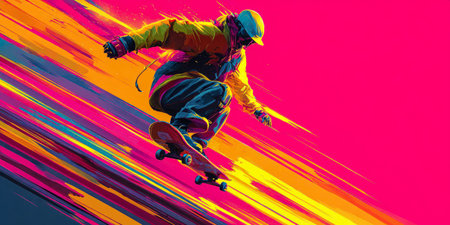 Vibrant illustration of a skateboarder jumping with dynamic colorful streaksの素材