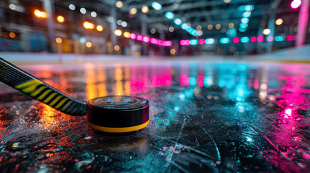 Detailed view of hockey puck and stick on ice rink with vibrant lightingの素材