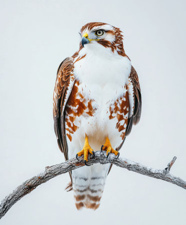 Red-tailed hawk with brown and white feathers standing alert on tree branchの素材