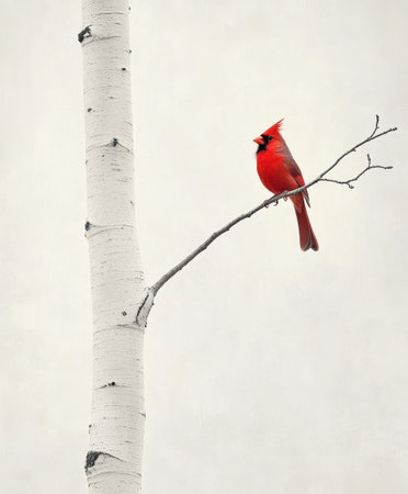Striking red cardinal on a branch with white birch trees and mutated backgroundの素材