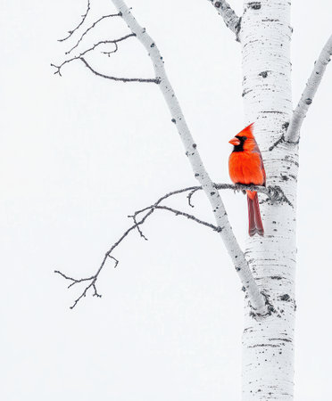 Striking red cardinal on a branch with white birch trees and mutated backgroundの素材
