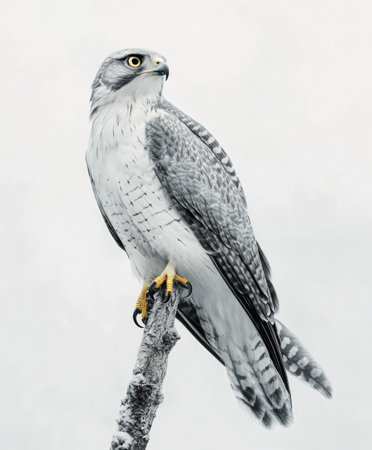 Goshawk with detailed plumage and yellow eyes standing on frosty branchの素材