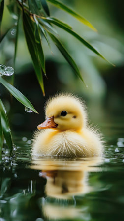 Fluffy duckling in water framed by fresh green leaves and gentle ripplesの素材