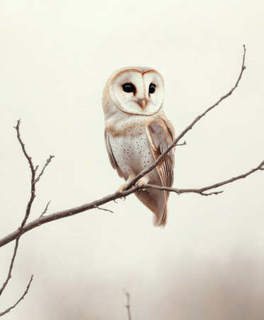 Barn owl with pale plumage and dark eyes perched calmly on a branchの素材