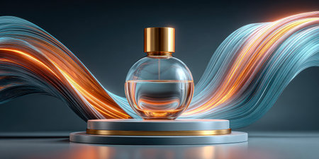 Elegant round glass perfume bottle on pedestal with abstract light trailsの素材