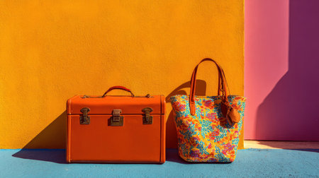 Orange suitcase and floral tote bag on colorful background with vivid shadows. Generative AI.の素材