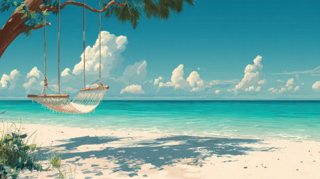 Cozy rope hammock hanging over white sand beach and clear ocean water. Generative AI.の素材